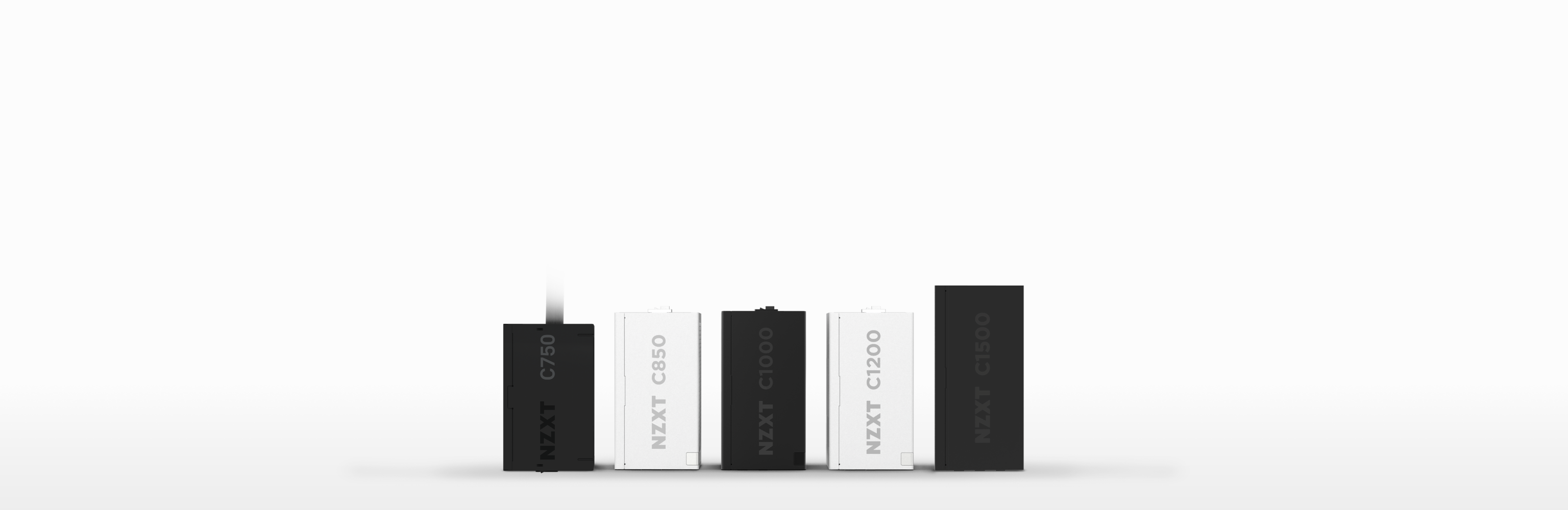 Five NZXT computer power supply units in black and white are lined up against a white background. The models shown are C750, C850, C1000, C1200, and C1300.