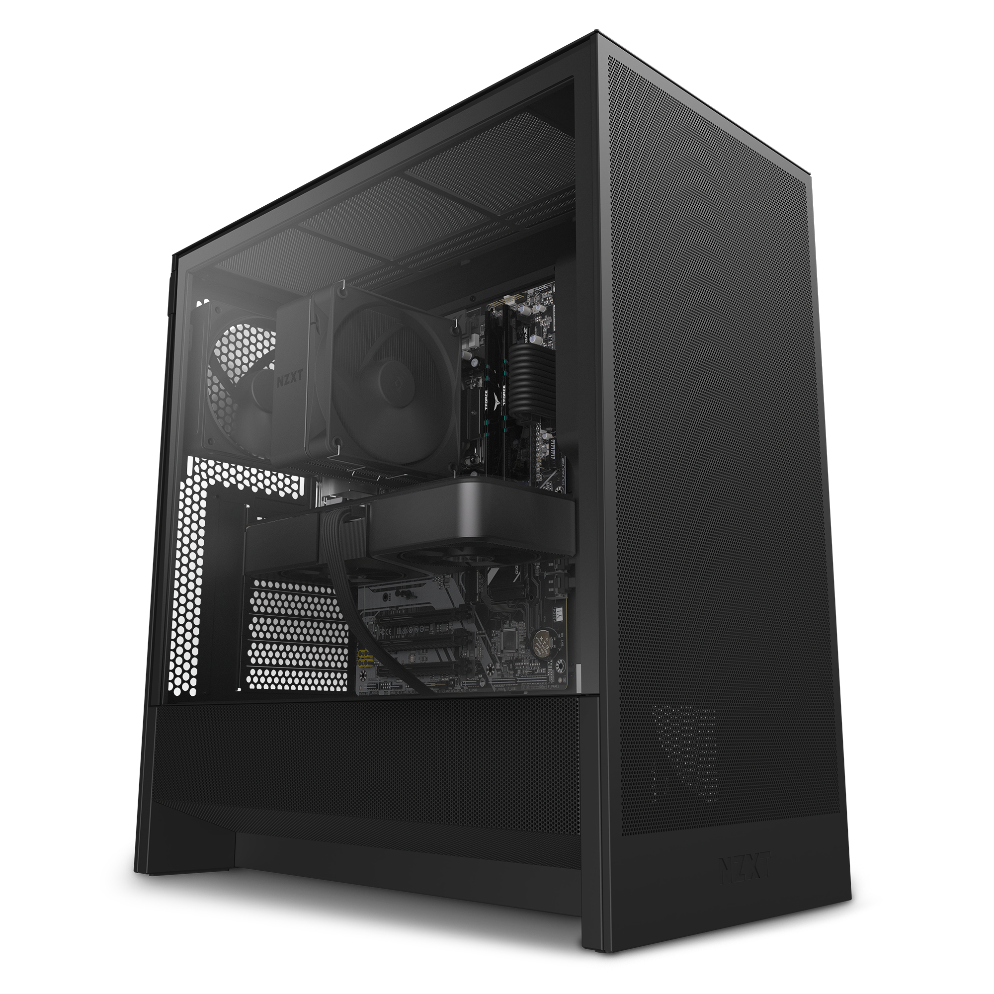 The NZXT Refurbished Player One Base - #8416 is a black prebuilt gaming PC tower with a transparent side panel, showing its components. Angled right on a white background, this PC comes with a 2-year warranty.
