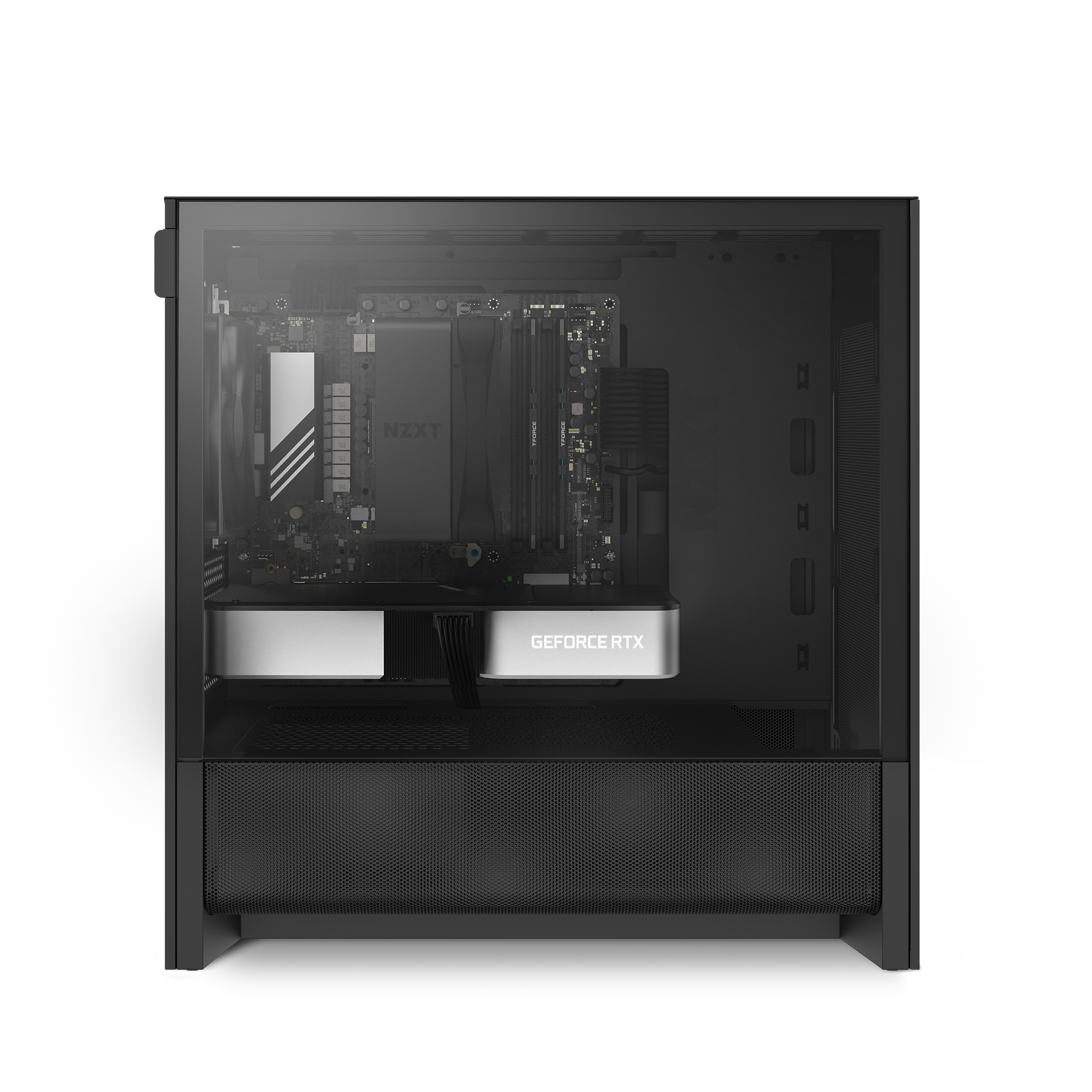 The NZXT Flex One Subscription PC is a black desktop tower with a transparent side panel, showcasing its high-performance components and minimal modern design.