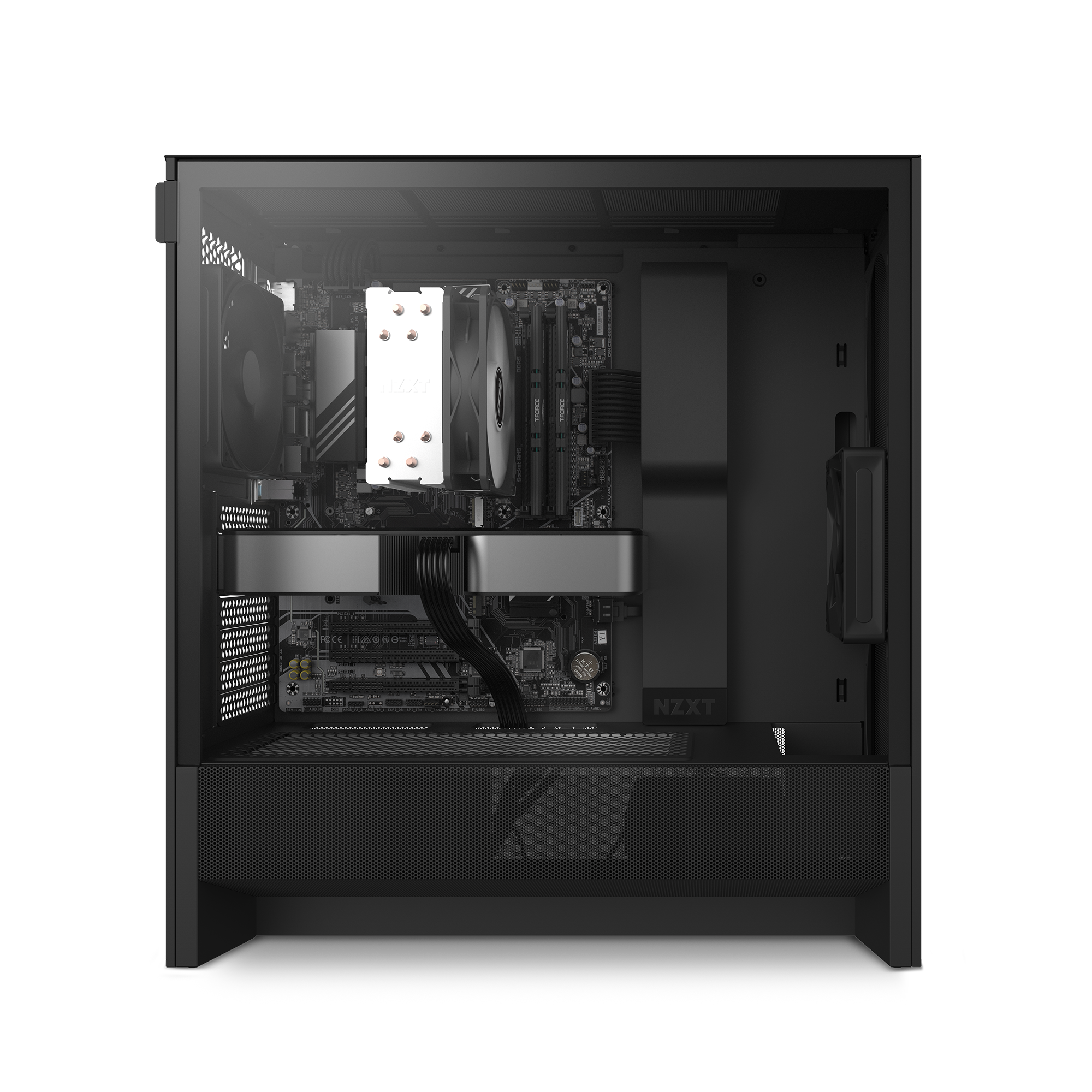 A side view of the NZXT Player One Prime shows internal components, including a motherboard, large CPU air cooler, GeForce RTX 5060 Ti graphics card, power supply, and tidy cables—all in a sleek case designed for high-refresh gaming.