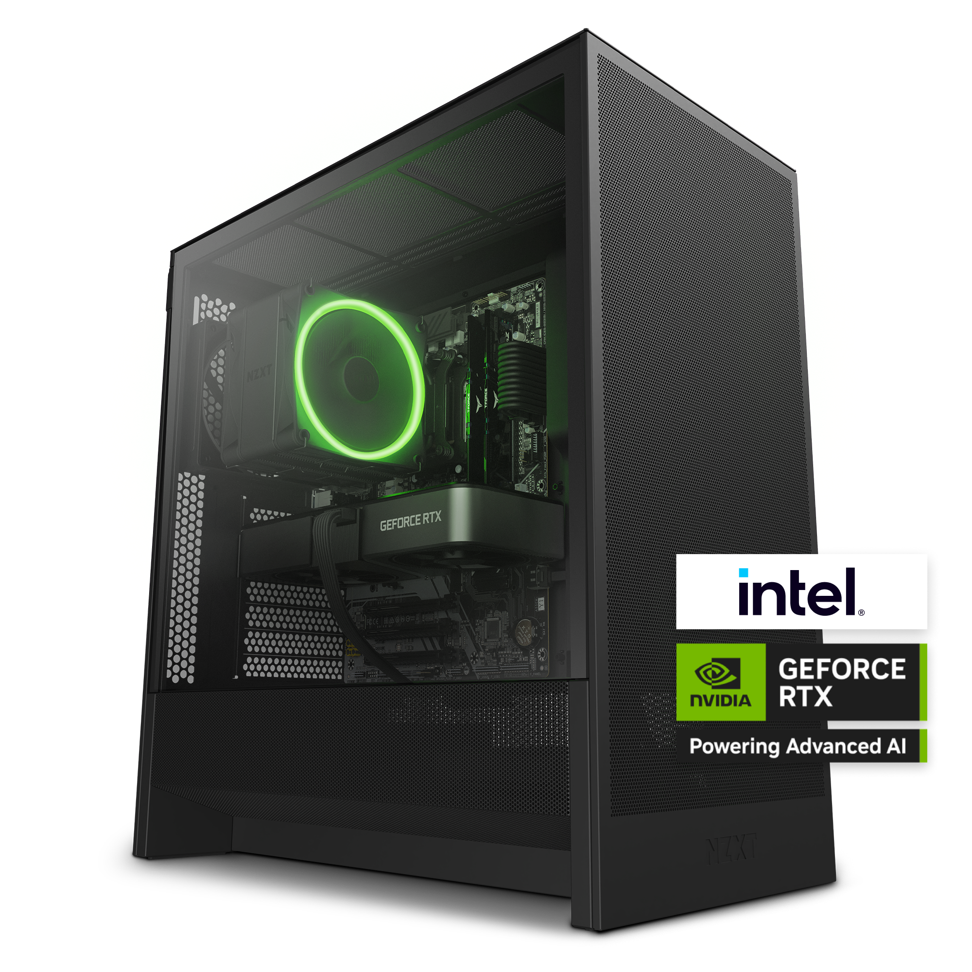 The NZXT Player One Prime is a modern desktop gaming PC with a glowing green LED fan, NVIDIA GeForce RTX graphics, and Intel Core i5-14400F for top 1080p gaming—shown beside “Powering Advanced AI” logos on a black background.