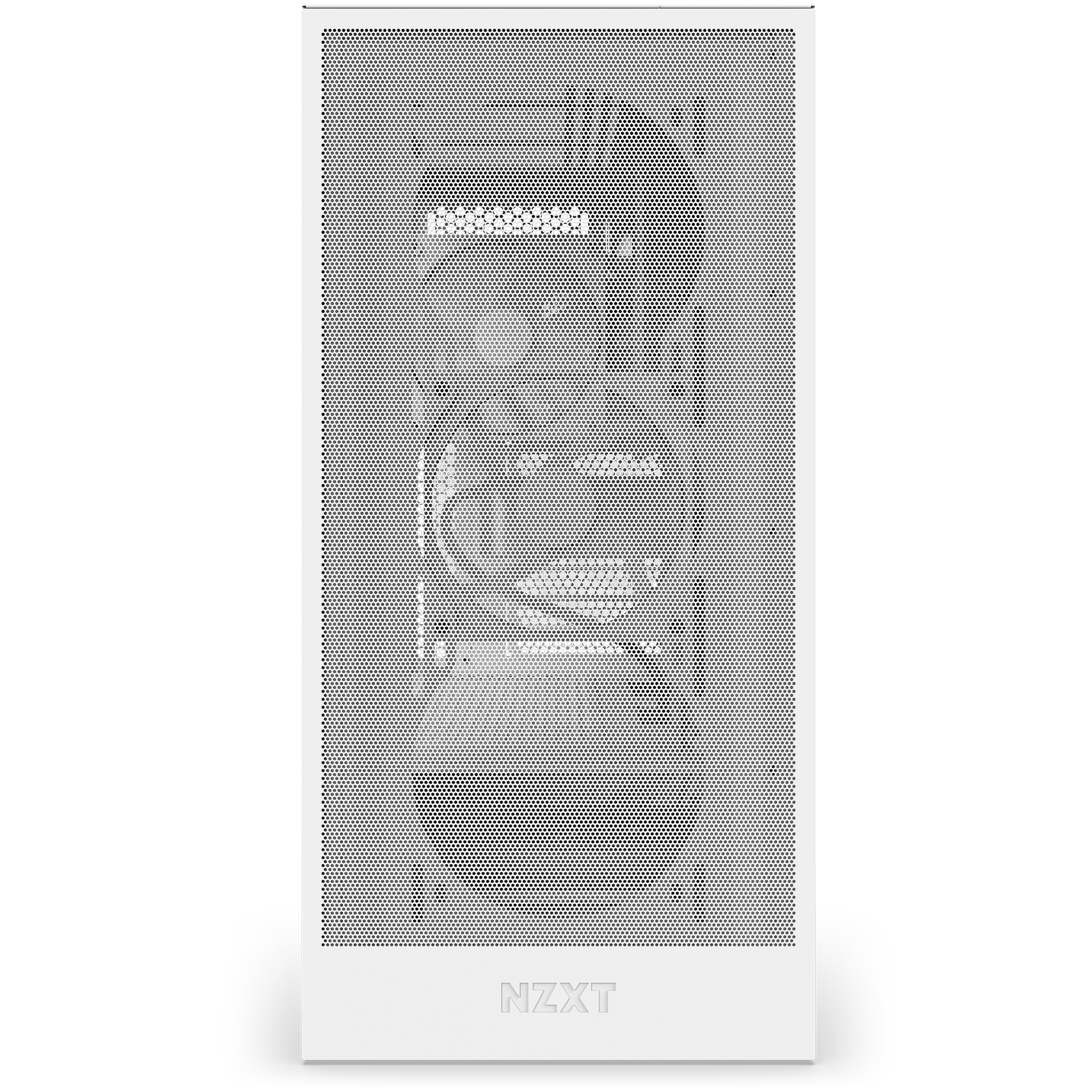 A front view of the NZXT Flex One Subscription PC in white features a mesh panel that reveals internal fans and cooling tubes, highlighting the high-performance design behind the grill.