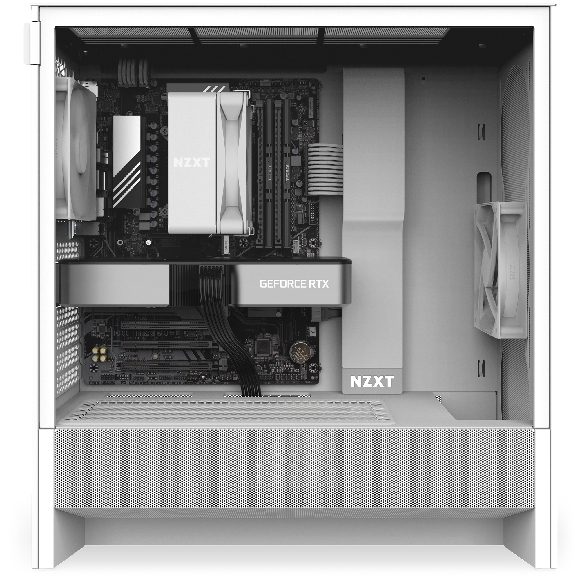 The NZXT Flex One Subscription PC features a clean white build with visible NZXT parts, GeForce RTX graphics, black cables, and a large right-mounted fan—ideal for those wanting high-performance computing.