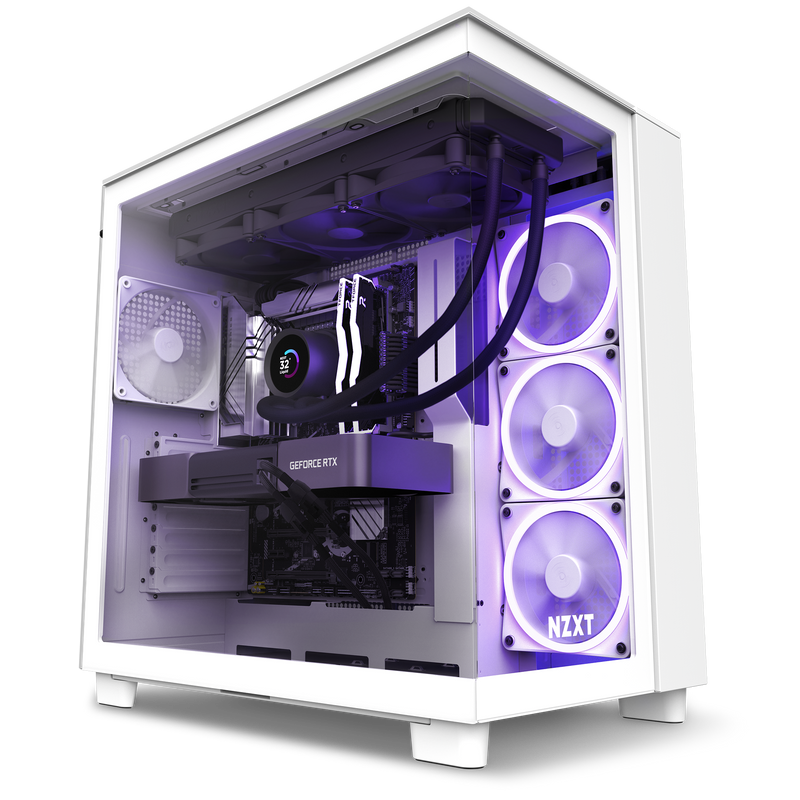 The refurbished Player Three Prime (#8466) by NZXT is a white gaming PC case with a side glass panel, showcasing RGB-lit fans, a GeForce RTX GPU, liquid cooling tubes, and purple lighting.
