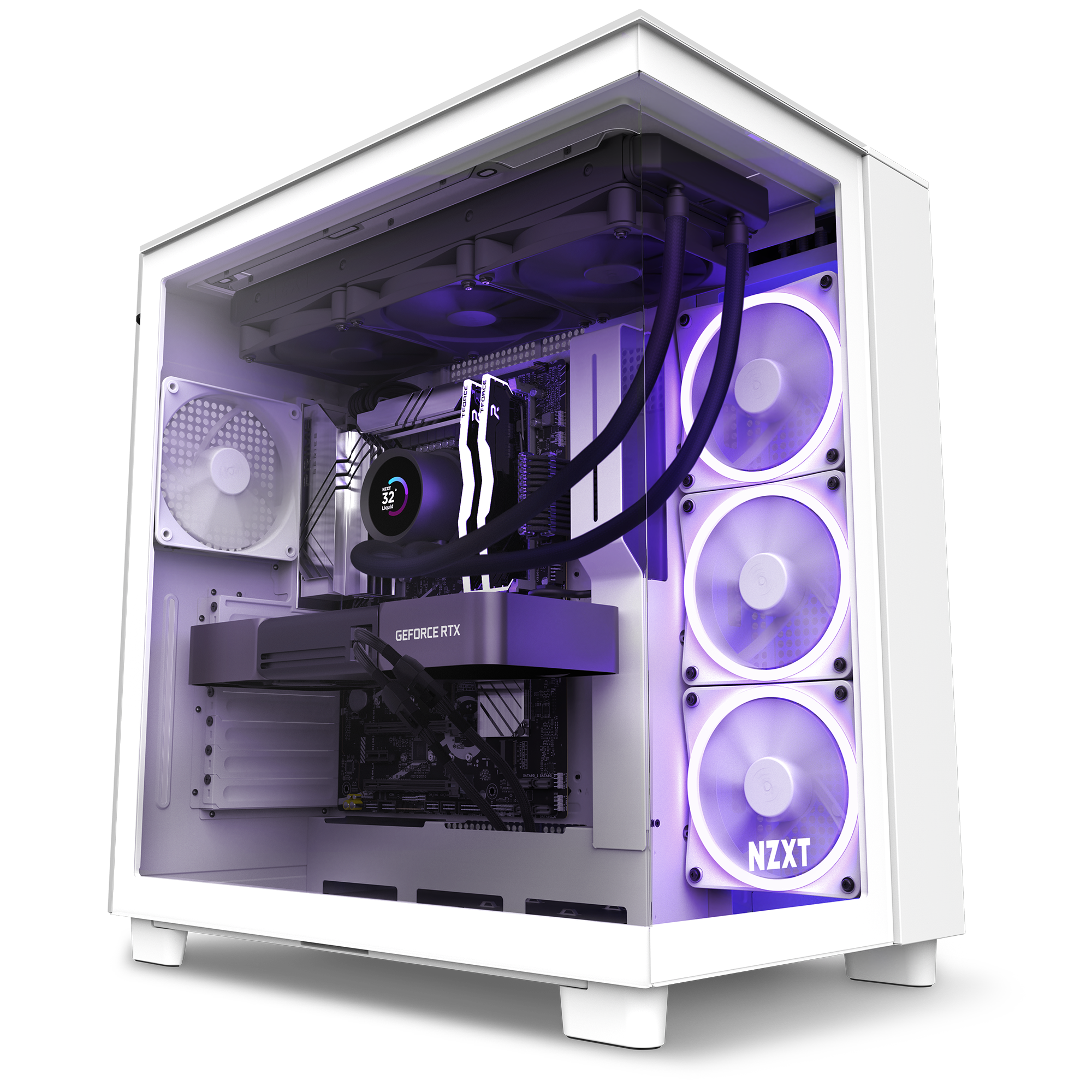 The NZXT Refurbished Player Three Prime (#8578) is a white prebuilt gaming PC with purple LED lighting, visible components like cooling fans, GeForce RTX graphics, liquid cooling tubes, and includes a 2-year warranty for peace of mind.