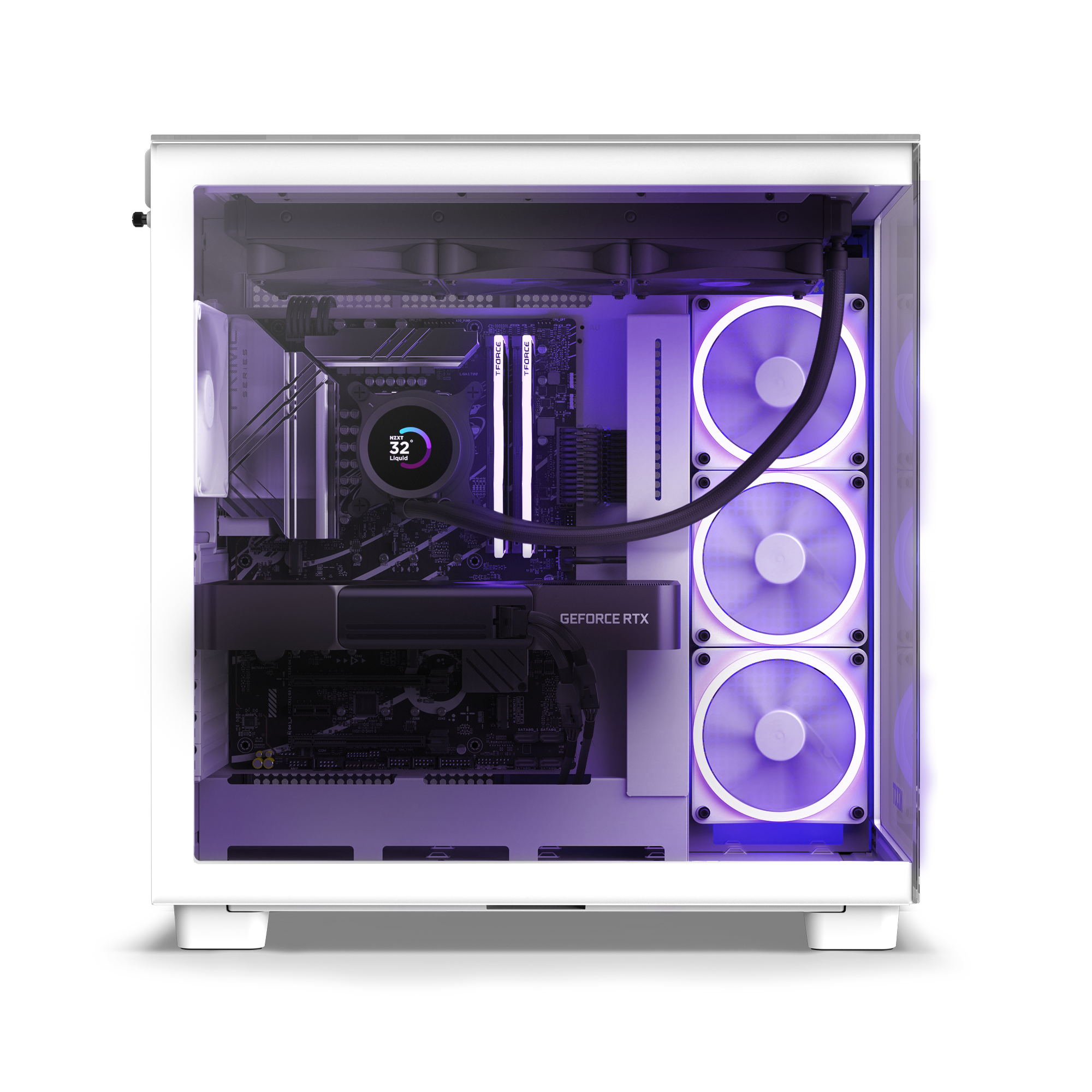 The NZXT Player Three Prime is a modern white desktop PC with a transparent side panel, showcasing LED-lit fans, a graphics card, and liquid cooling. Powered by Intel Core Ultra 9 285K, it delivers smooth 1440p gaming performance.
