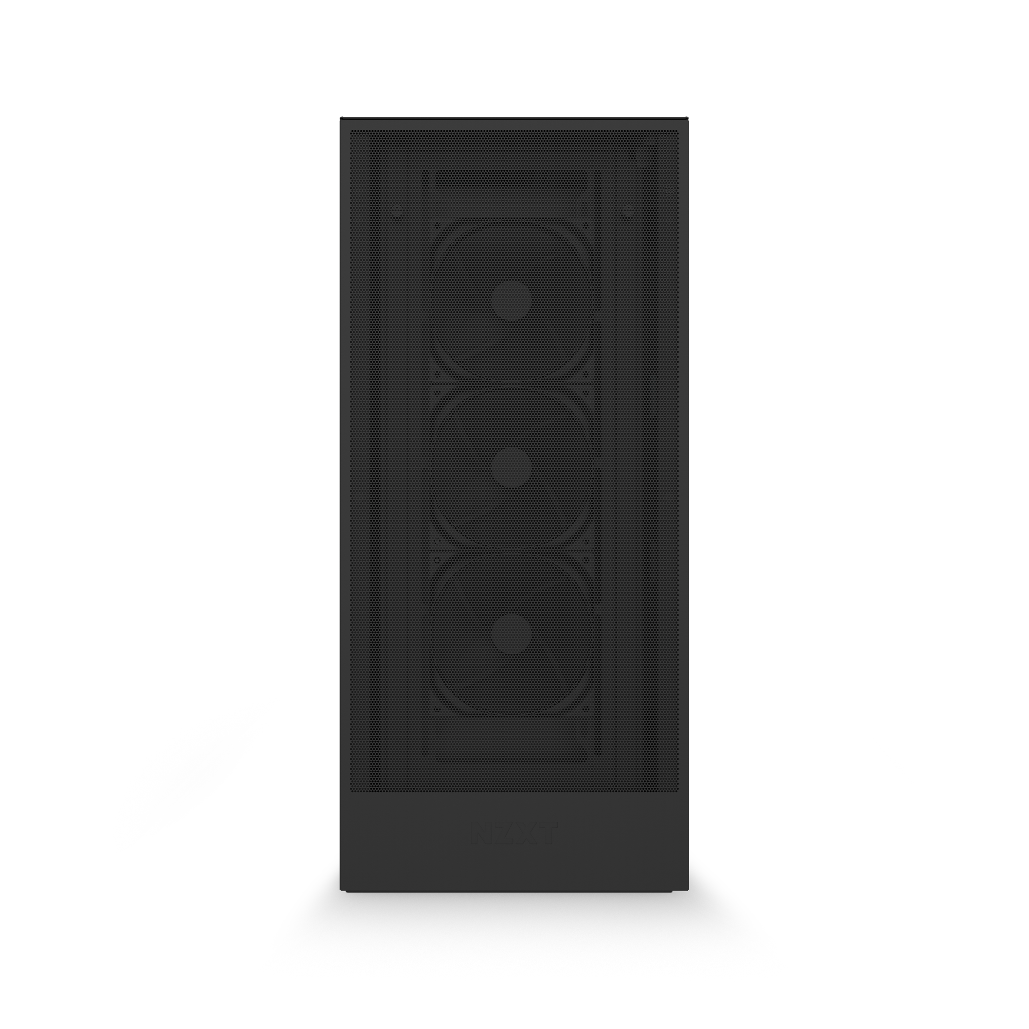 Front view of the NZXT Player Two Prime black gaming PC case with a mesh panel and three stacked cooling fans, perfect for high-performance builds with liquid cooling or an NVIDIA GeForce RTX 5070 Ti.