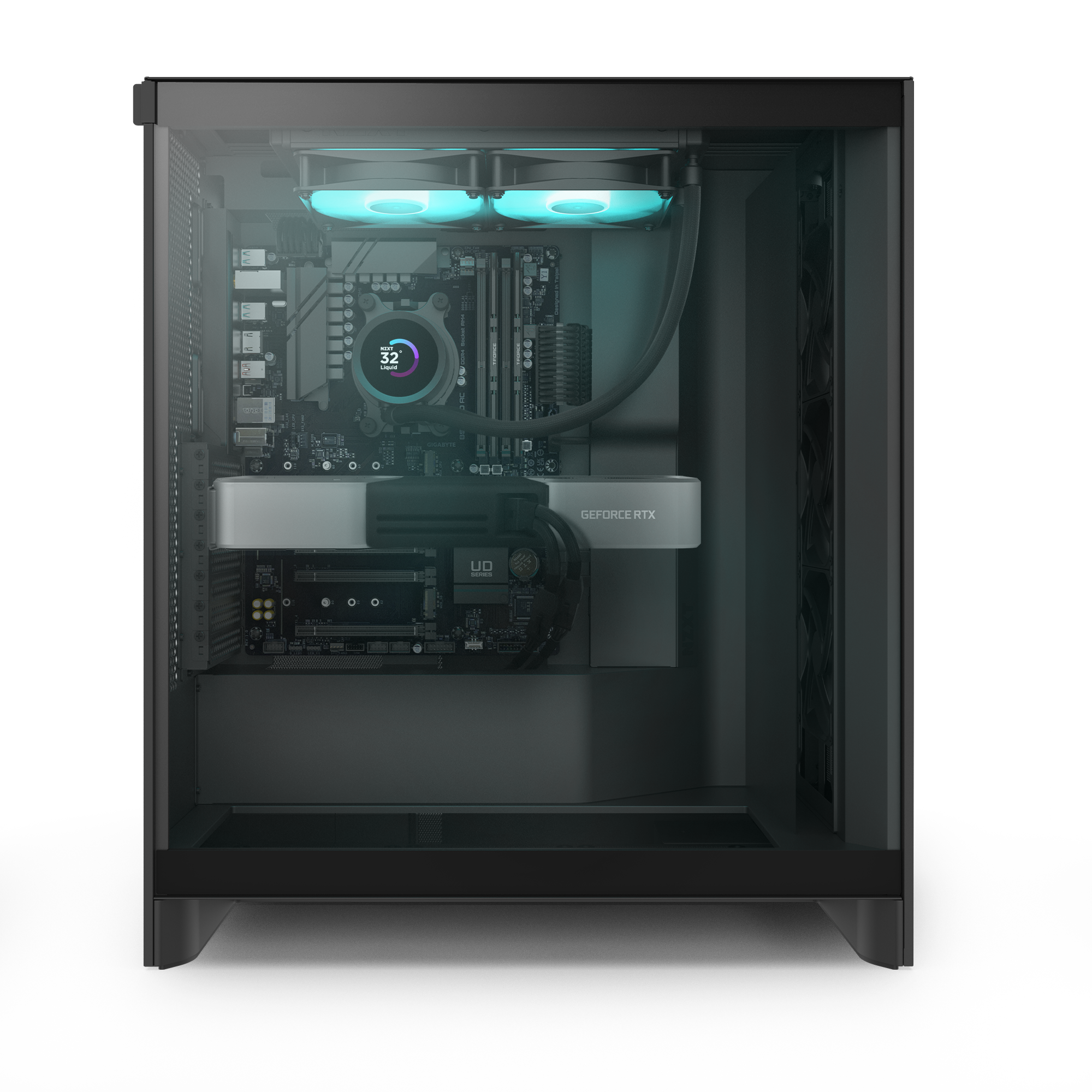 The NZXT Player Two Prime is a modern desktop gaming PC with a transparent side panel, RGB-lit cooling fans, advanced liquid cooling with digital display, an NVIDIA GeForce RTX 5070 Ti GPU, and tidy internal components.