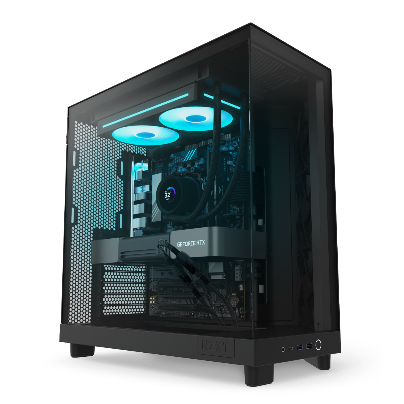 The NZXT Player Two Prime is a black desktop gaming PC with a glass side panel, NVIDIA GeForce RTX 5070 Ti for smooth 1440p gaming, blue RGB cooling fans, neat cables, and a minimalist design.