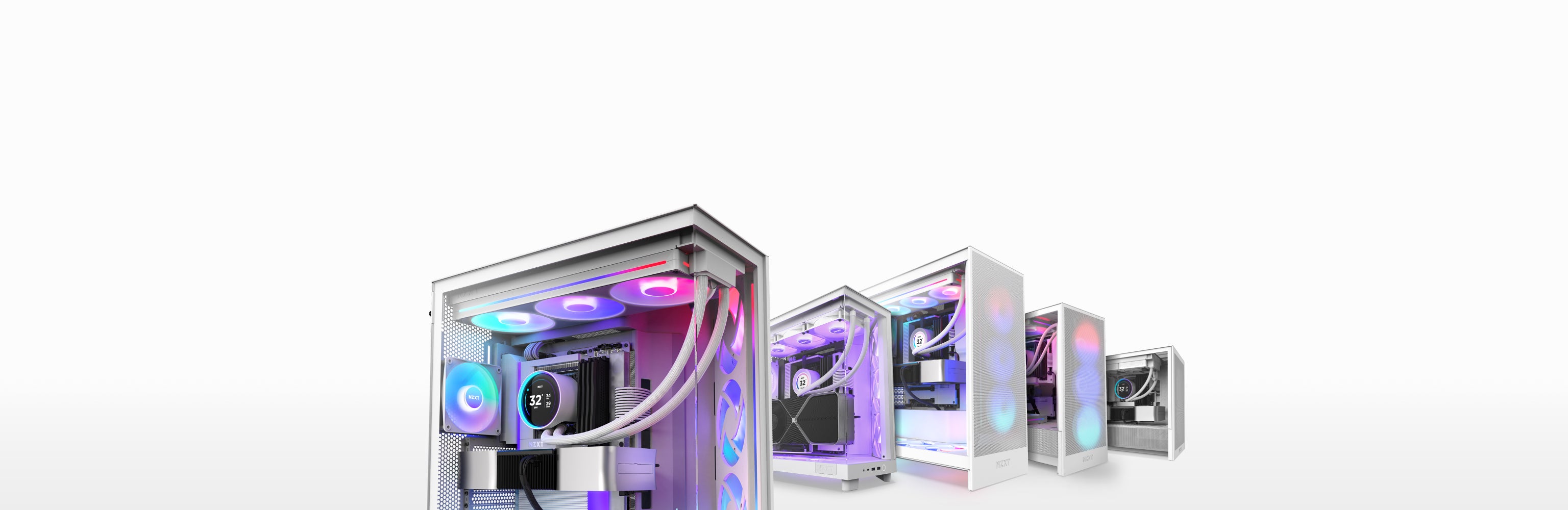 Four white desktop computer cases with transparent panels, featuring colorful RGB lighting and visible cooling components, arranged in a row on a white background.