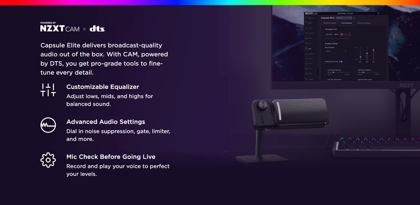 A NZXT Capsule Elite microphone on a stand is shown on a desk in front of a monitor displaying audio settings. Text highlights features like customizable equalizer, advanced audio settings, and mic check before going live.