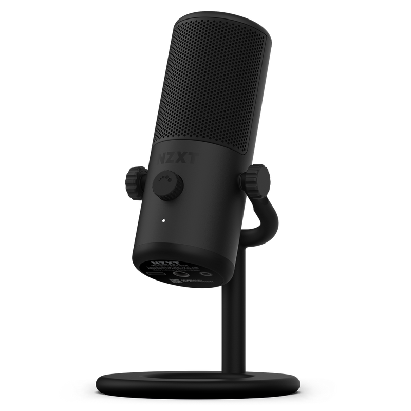 The NZXT Capsule Mini is a black USB microphone with a mesh grille, volume dial, and indicator light on an adjustable stand with a circular base—perfect for content creation or gaming streams. The NZXT logo appears on the front.