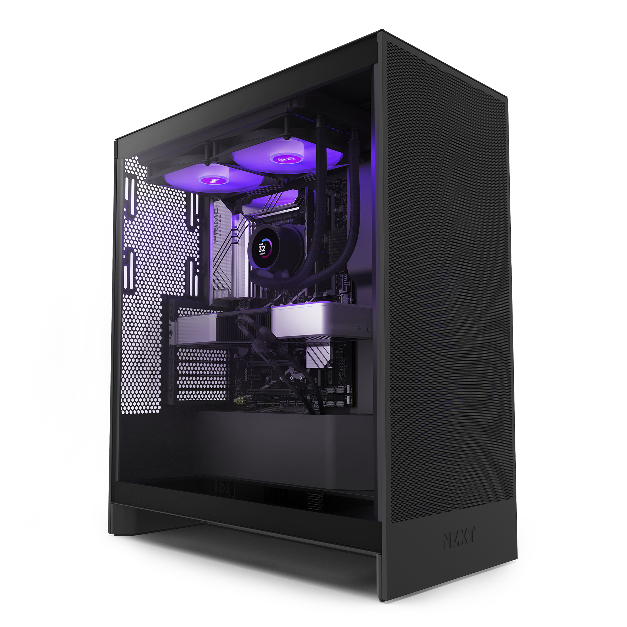 The NZXT Refurbished Player Three Base - #8612 is a black gaming PC tower with a transparent side panel, purple LED-lit fans, and a liquid-cooled CPU. Experience top performance with this Certified Refurbished PC.