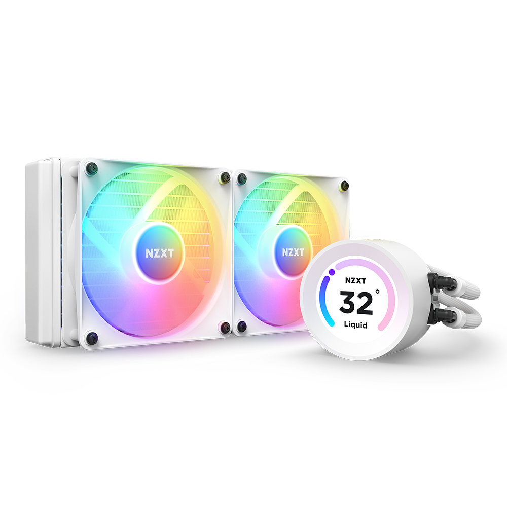 The NZXT Kraken Elite 240 RGB (2023) is a white dual-fan liquid CPU cooler featuring multicolor RGB lighting and a circular pump display showing 32° Liquid, connected by tubes.