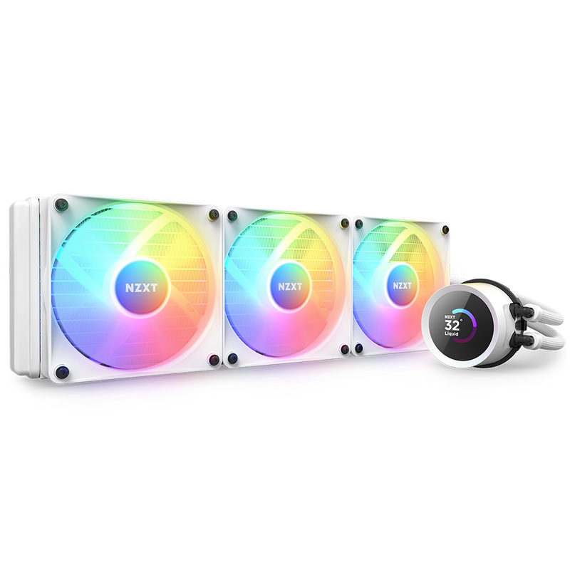 Three NZXT Kraken 360 RGB cooling fans in white are mounted horizontally on a radiator, with a round LCD showing 32°C, connected by white tubes and displaying colorful LED lights for optimal cooling.