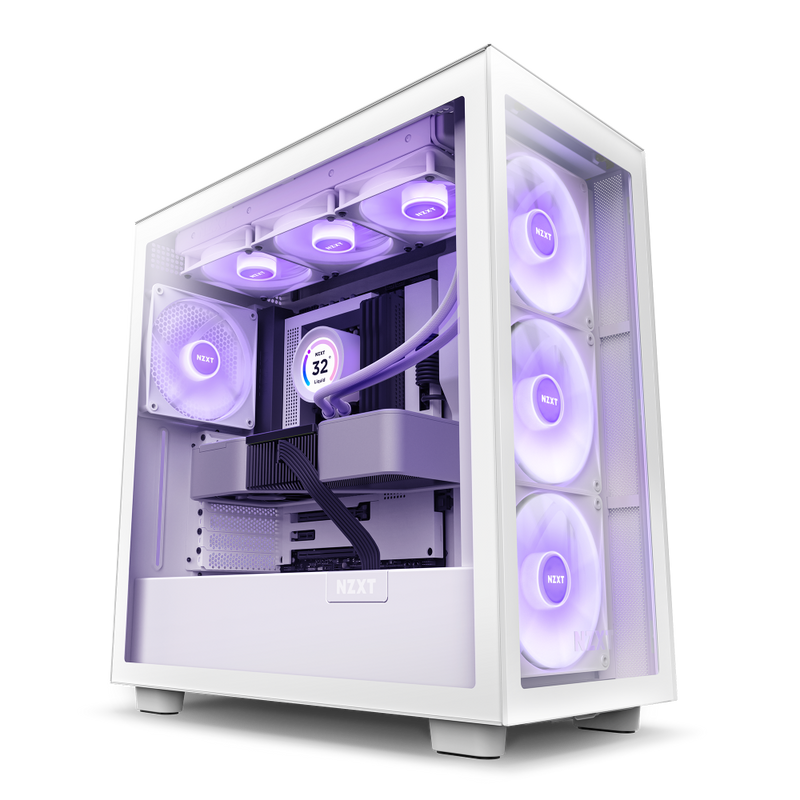 The NZXT H7 Elite is a white gaming PC case featuring a transparent side panel, tempered glass front, purple LED fans, liquid cooling support, digital interior display, and intuitive cable management for a tidy build.