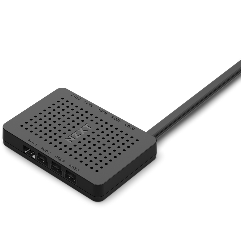 The NZXT RGB & Fan Controller (2022) is a rectangular black device with a vented top and four labeled RGB ports (RGB 1–4), connected by a thick cable.