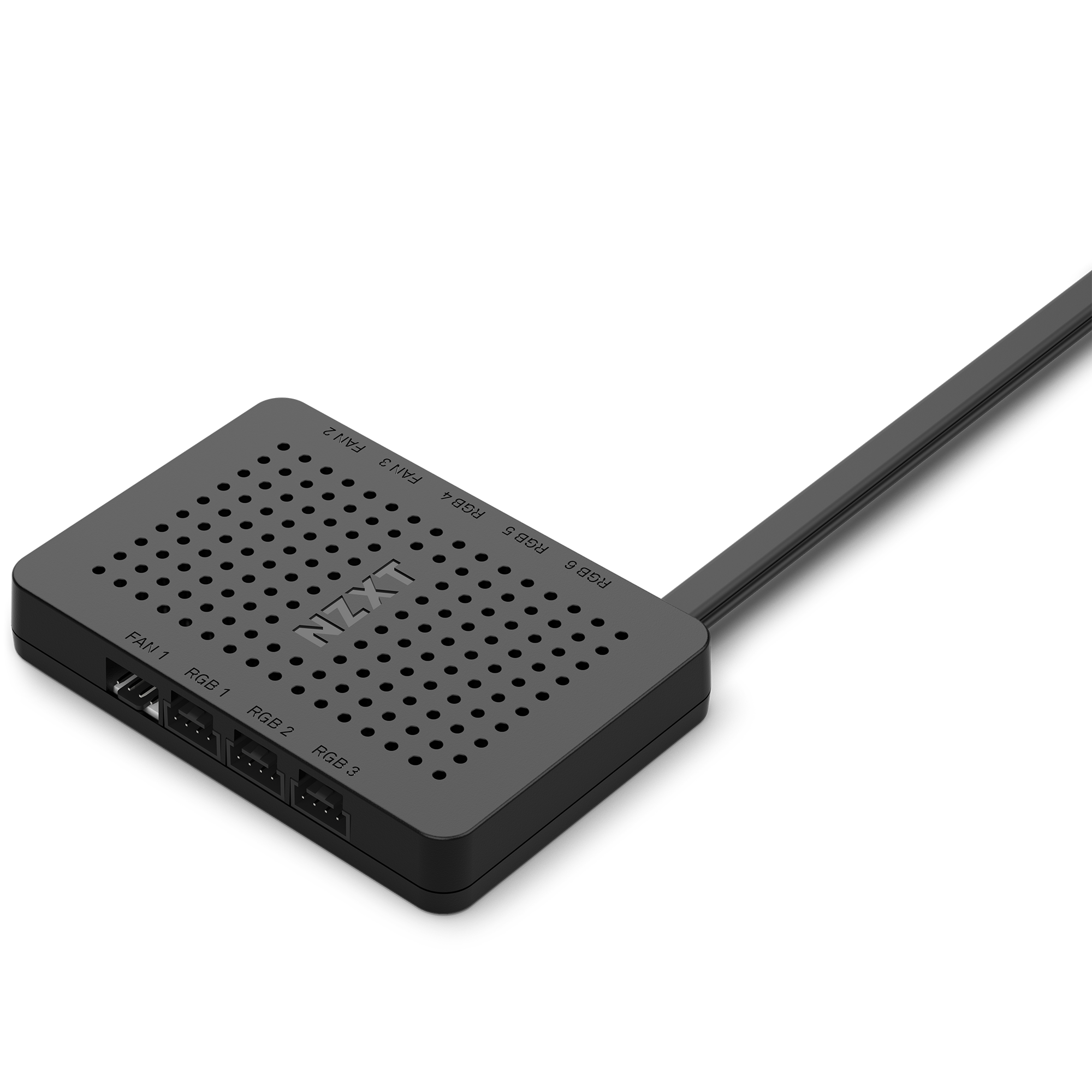 The NZXT RGB & Fan Controller (2022) is a rectangular black device with a vented top and four labeled RGB ports (RGB 1–4), connected by a thick cable.