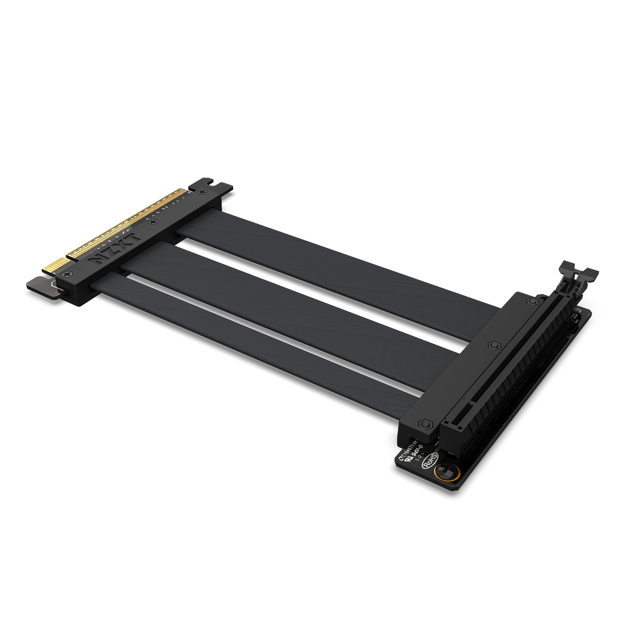 The NZXT PCIe Riser Cable is black with gold connectors, supports PCIe 4.0 high-speed data transfer, and enables flexible GPU placement. It features reinforced bends and sturdy connectors at both ends.