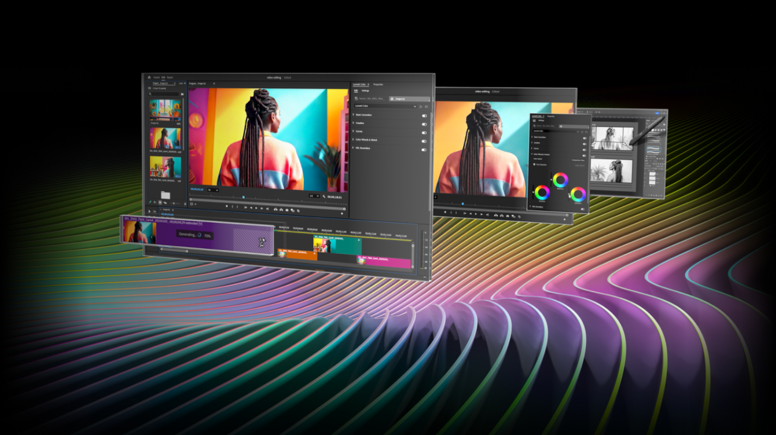 A digital collage of video editing software interfaces featuring a woman with braided hair, colorful editing tools, and vibrant rainbow-colored wave patterns in the background.