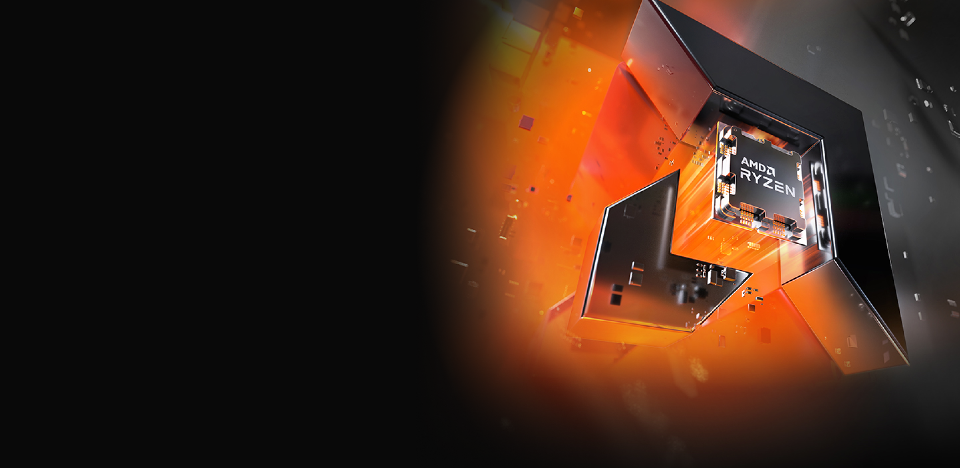 A stylized, futuristic AMD Ryzen processor chip is encased in an angular, metallic frame with orange and black tones, set against a glowing background, with the left side of the image mostly black.