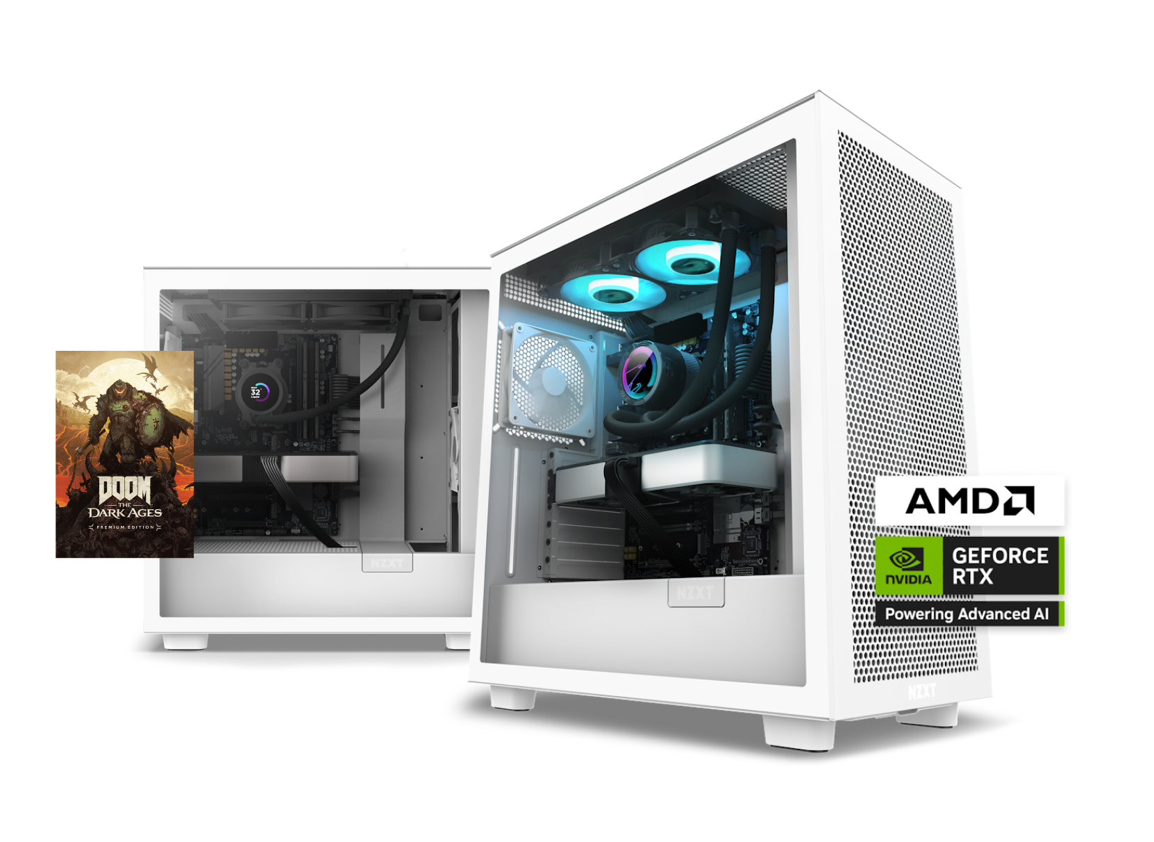Two white desktop gaming PCs with RGB lighting are shown, alongside the game cover for DOOM: The Dark Ages and logos for AMD, NVIDIA GeForce RTX, and a “Powering Advanced AI” badge.