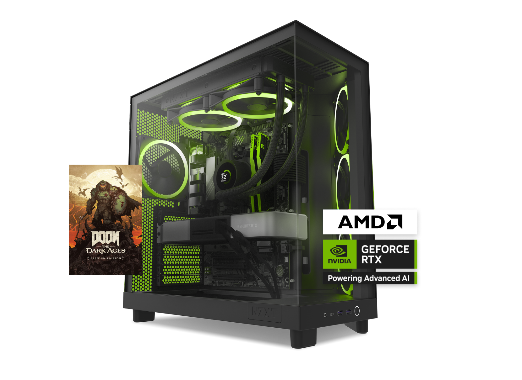 A high-end gaming PC with green LED lighting, featuring AMD and NVIDIA GeForce RTX branding, and an image of the game DOOM: The Dark Ages displayed next to the case.