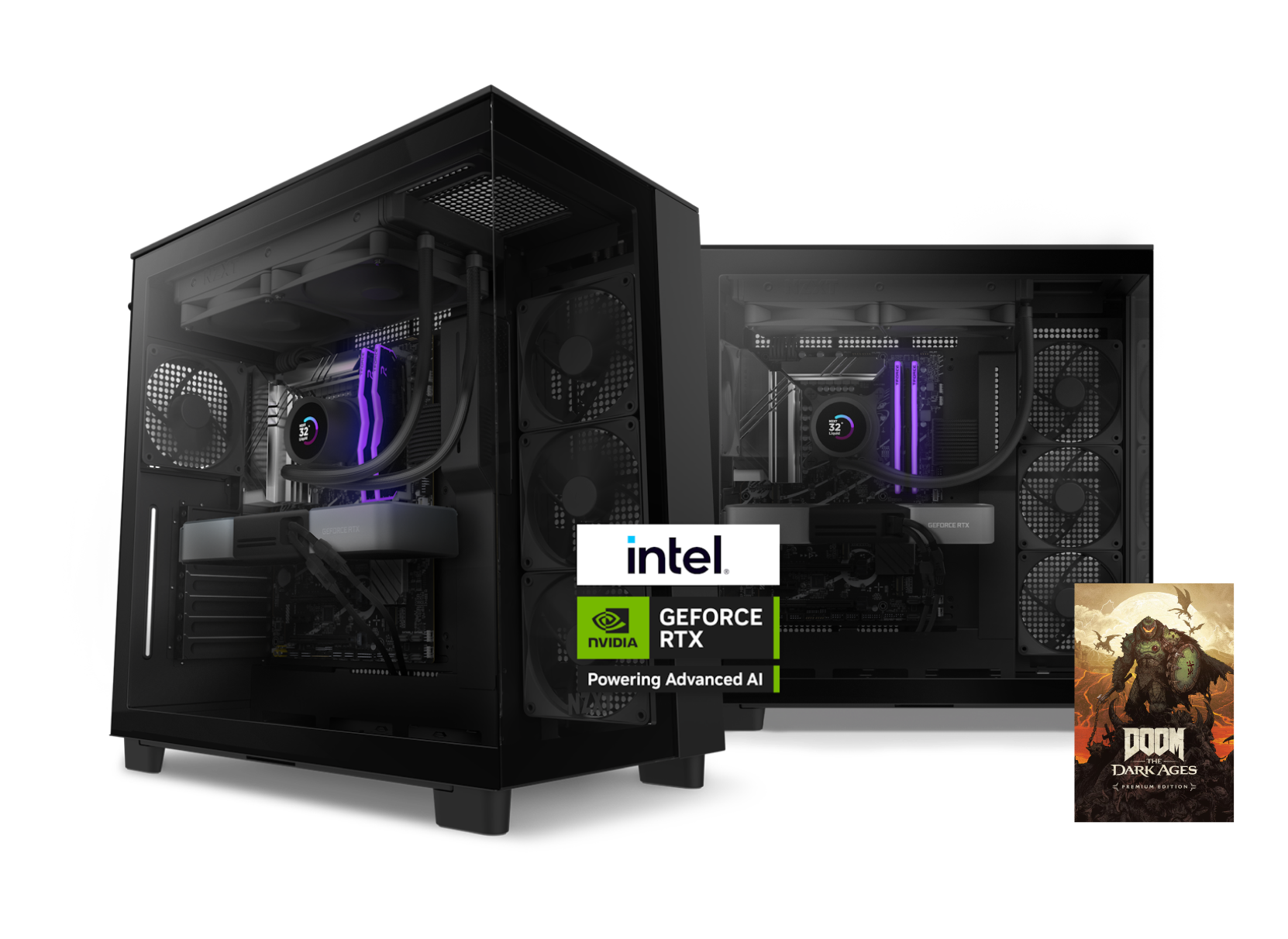 Two desktop gaming PCs with glass panels and RGB lighting, showing internal components. Logos for Intel, NVIDIA GeForce RTX, and a “Doom: The Dark Ages” game cover are displayed in front.