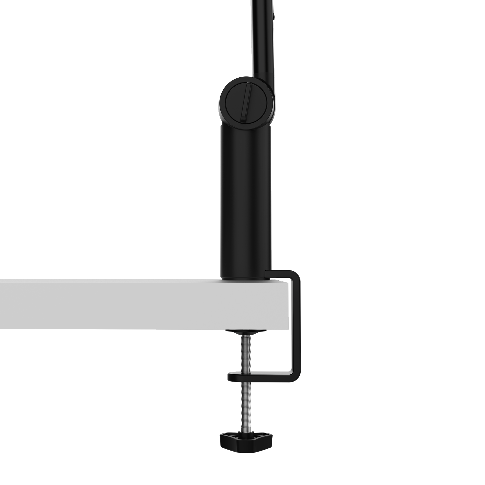 A close-up side view shows the NZXT Boom Arm Mini’s black clamp securing its cylindrical arm to a white tabletop. The clamp uses a screw mechanism and includes concealed cable management for a clean, organized setup.