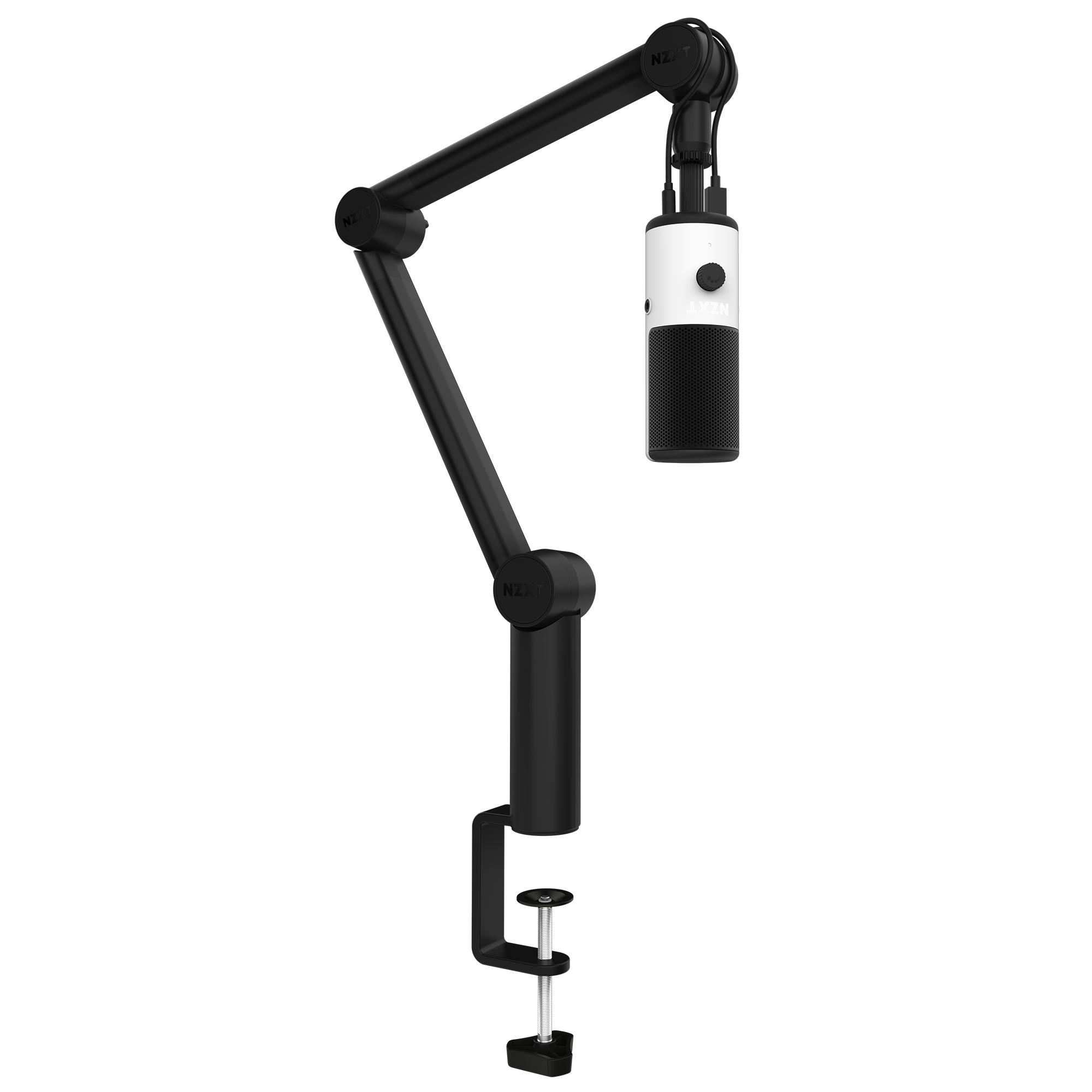 The NZXT Boom Arm Mini, a black adjustable boom arm with concealed cable management, holds a white and black cylindrical microphone and is clamped to the edge of a desk.