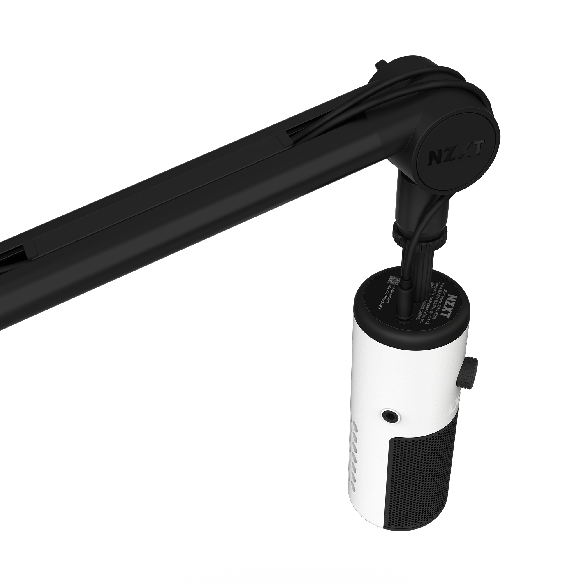 An NZXT Boom Arm Mini in black, featuring concealed cable management, holds a white and black NZXT microphone, viewed from above against a plain black background.