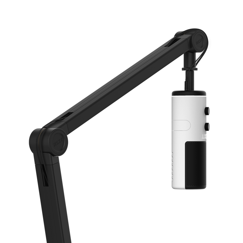 A white and black microphone with two control knobs is mounted on the NZXT Boom Arm, which features hidden cable management, and is positioned vertically against a plain background.