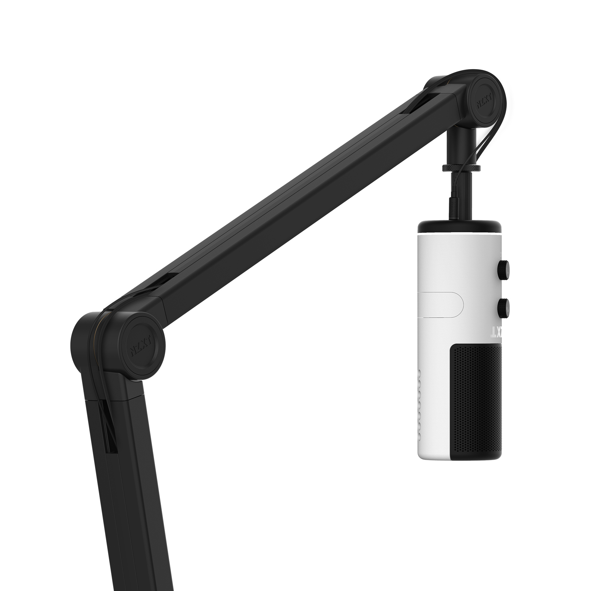 A white and black microphone with two control knobs is mounted on the NZXT Boom Arm, which features hidden cable management, and is positioned vertically against a plain background.
