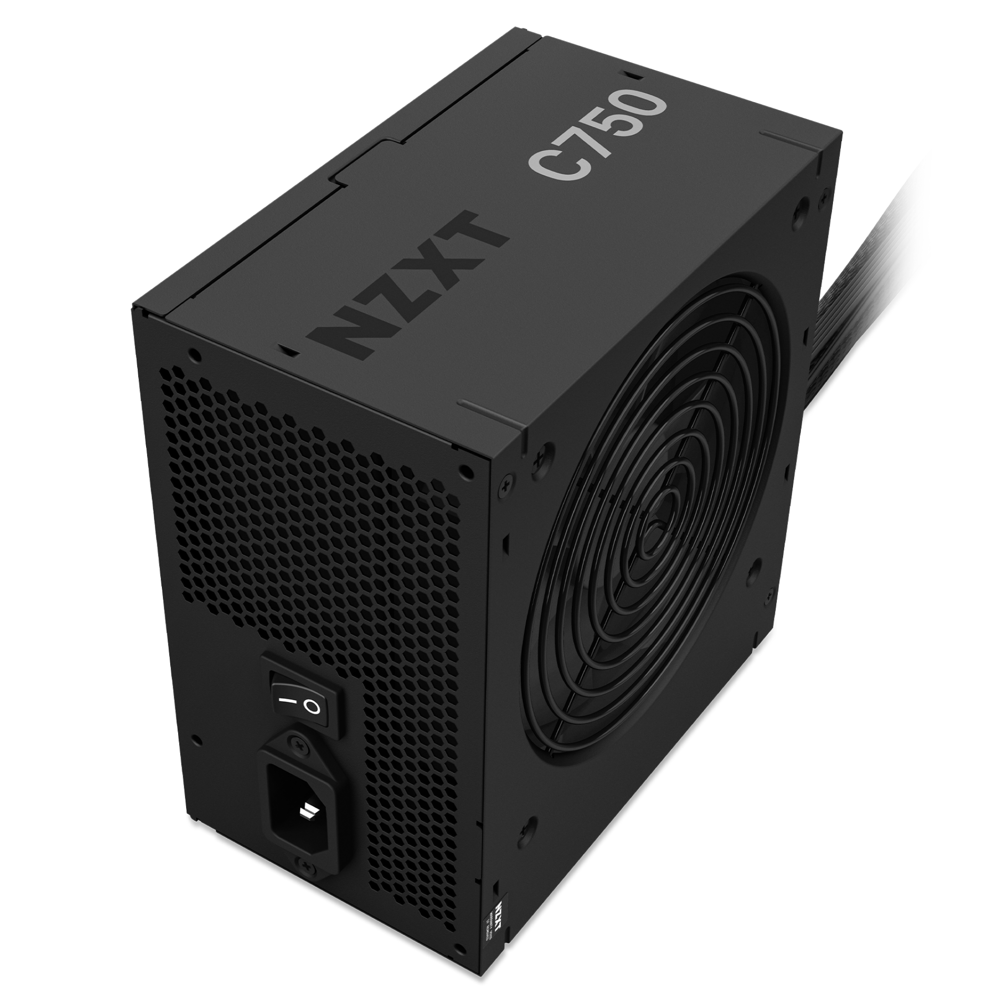 The NZXT C750 Bronze (2023) power supply, shown in black with a large fan, power switch, socket, and modular cable ports, is perfect for delivering high-performance power to your PC gaming setup.