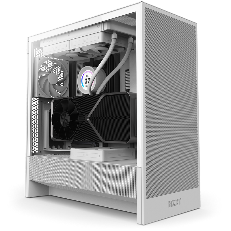 The NZXT H5 Flow is a white mid-tower PC case with a mesh front panel for excellent airflow, perfect for displaying components like large GPUs, cooling solutions, liquid cooling tubes, multiple fans, and a circular CPU cooler display.