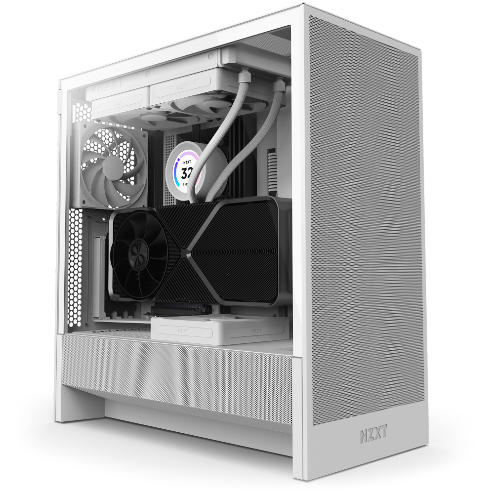 The NZXT H5 Flow is a white mid-tower PC case with a mesh front panel for excellent airflow, perfect for displaying components like large GPUs, cooling solutions, liquid cooling tubes, multiple fans, and a circular CPU cooler display.