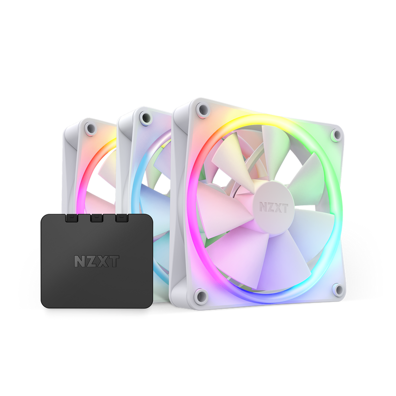 The NZXT F120 RGB Triple Pack, featuring three white fans with customizable lighting and Fluid Dynamic Bearing tech, comes with a black controller box. Settings are managed effortlessly using intuitive NZXT CAM software. Displayed on a white background.