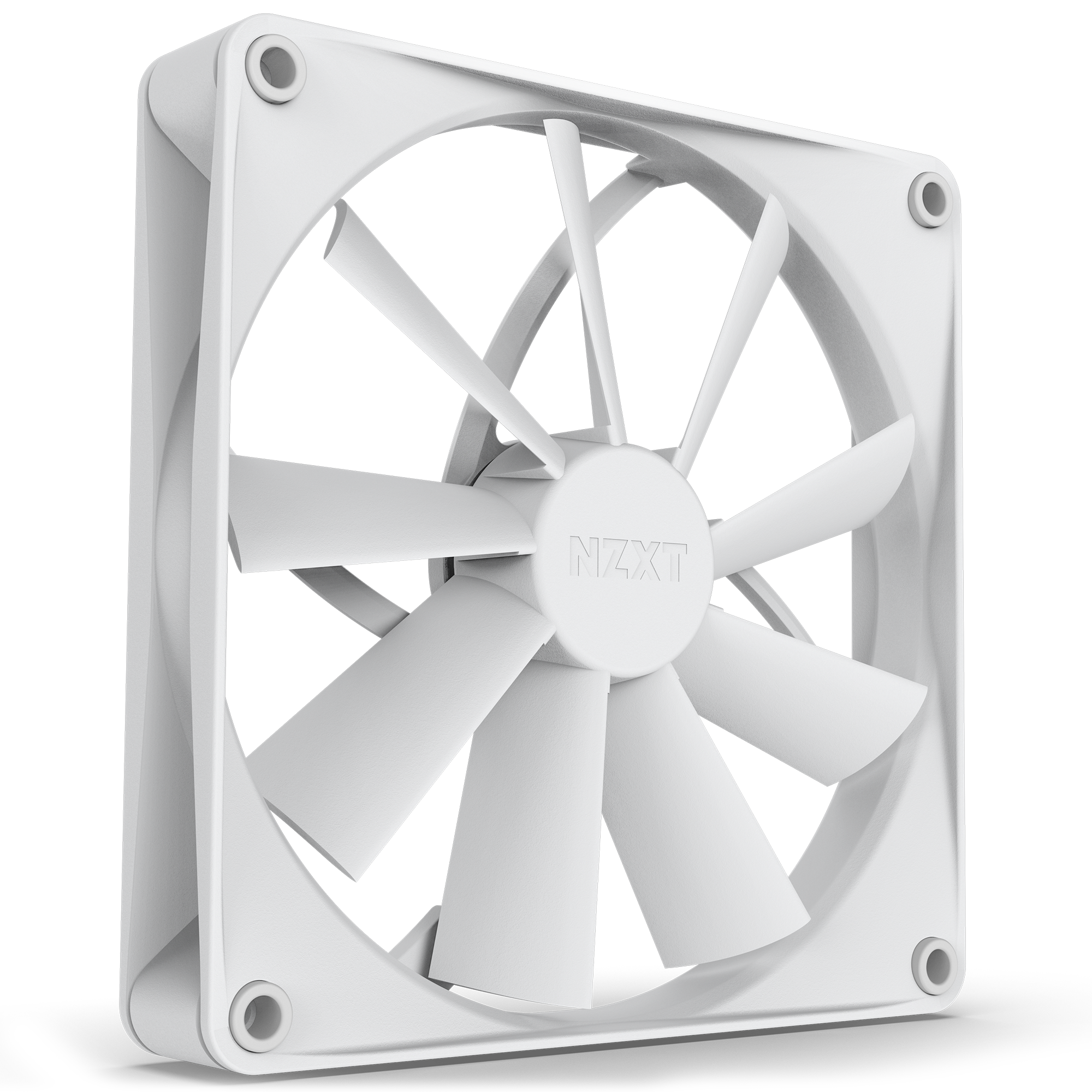 The NZXT F140Q (2022) is a white computer cooling fan with nine blades, airflow-focused design, and Fluid Dynamic Bearing, shown at an angle highlighting its square frame and corner mounting holes.