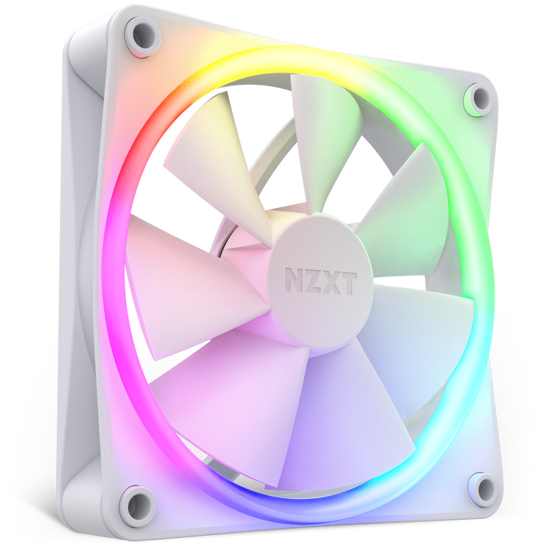 The NZXT F120 RGB is a white computer cooling fan with RGB LED lighting along the outer edge, a square frame, multiple blades, and Fluid Dynamic Bearing for quiet, efficient performance with vibrant color effects.