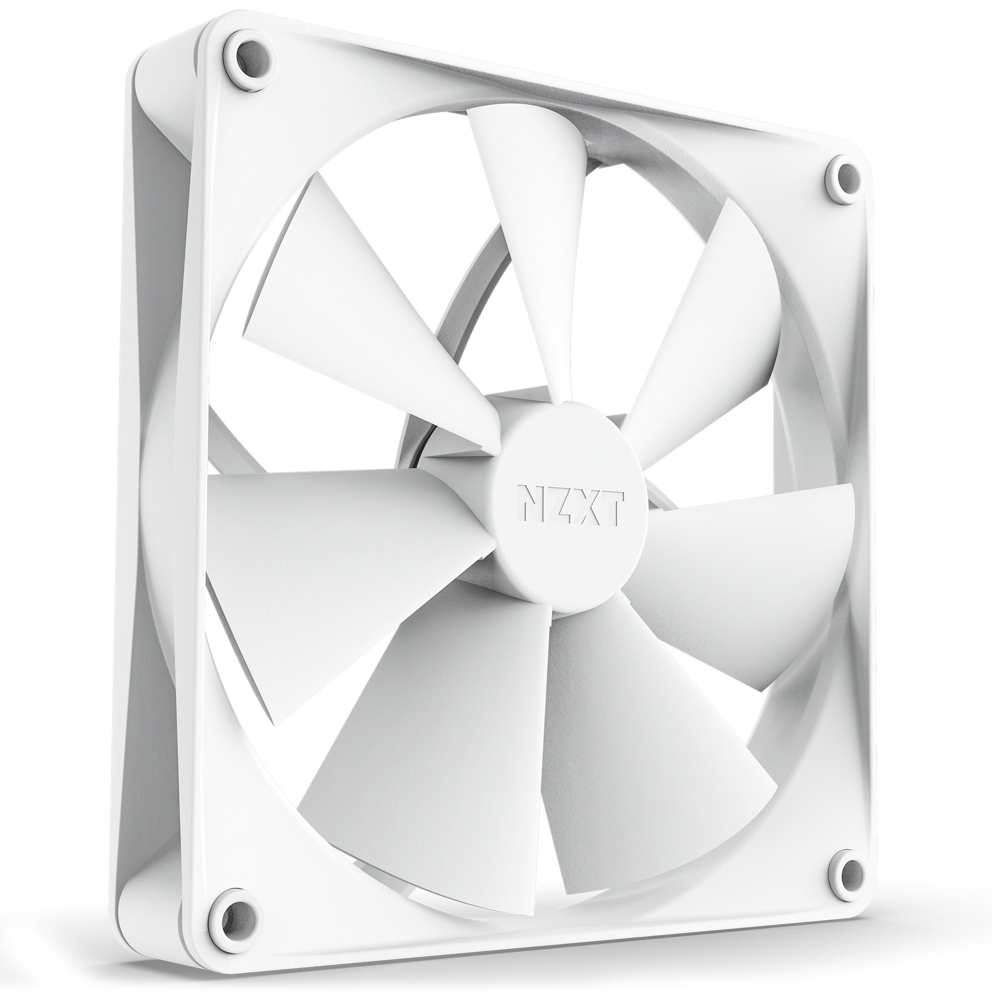 The NZXT F140P (2022) is a white computer case fan with seven blades and a square frame with rounded corners. Featuring NZXT branding on the hub, it’s designed for optimal cooling and static pressure performance.