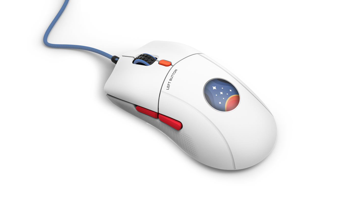 A white computer mouse with a blue scroll wheel, red side buttons, and a blue circular accent featuring a design of stars and a crescent moon. The mouse is plugged in with a blue cable.