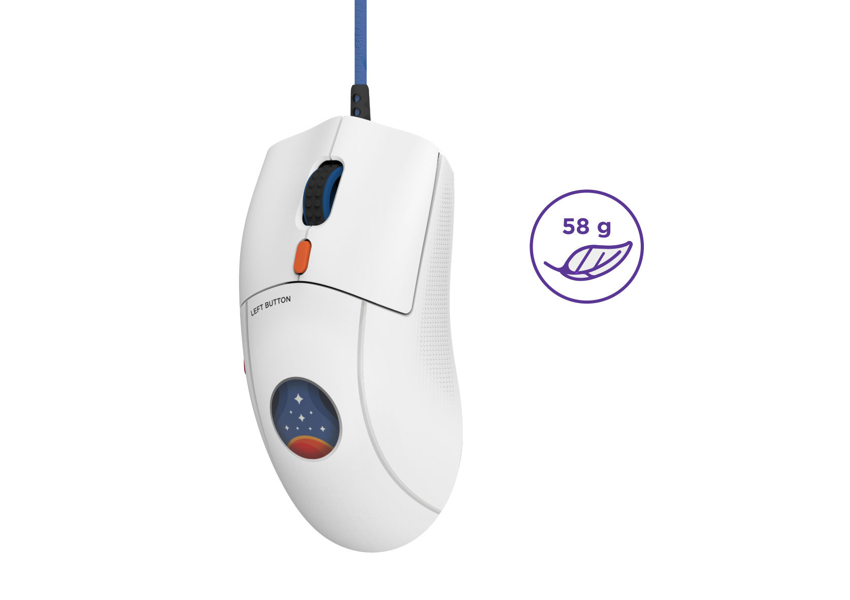 A white gaming mouse with a scroll wheel, two buttons, and a Venezuelan flag emblem near the base, hanging from a blue cable. A purple icon beside it displays a feather and “58 g” indicating its lightweight design.