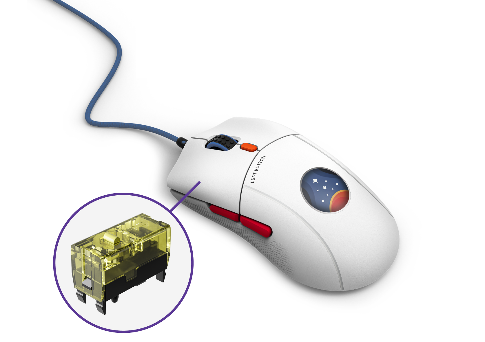 A white wired computer mouse with side buttons and a glowing trackball. An inset shows a close-up of a yellow-tinted mechanical switch, indicating its use inside the mouse.