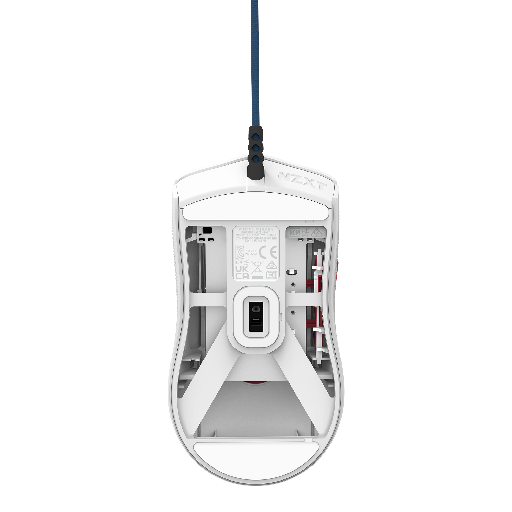 The NZXT Lift 2 Starfield mouse, shown from the bottom, displays its 26,000 DPI sensor, skates, and product details, with a braided navy and gray cable connected to the top.