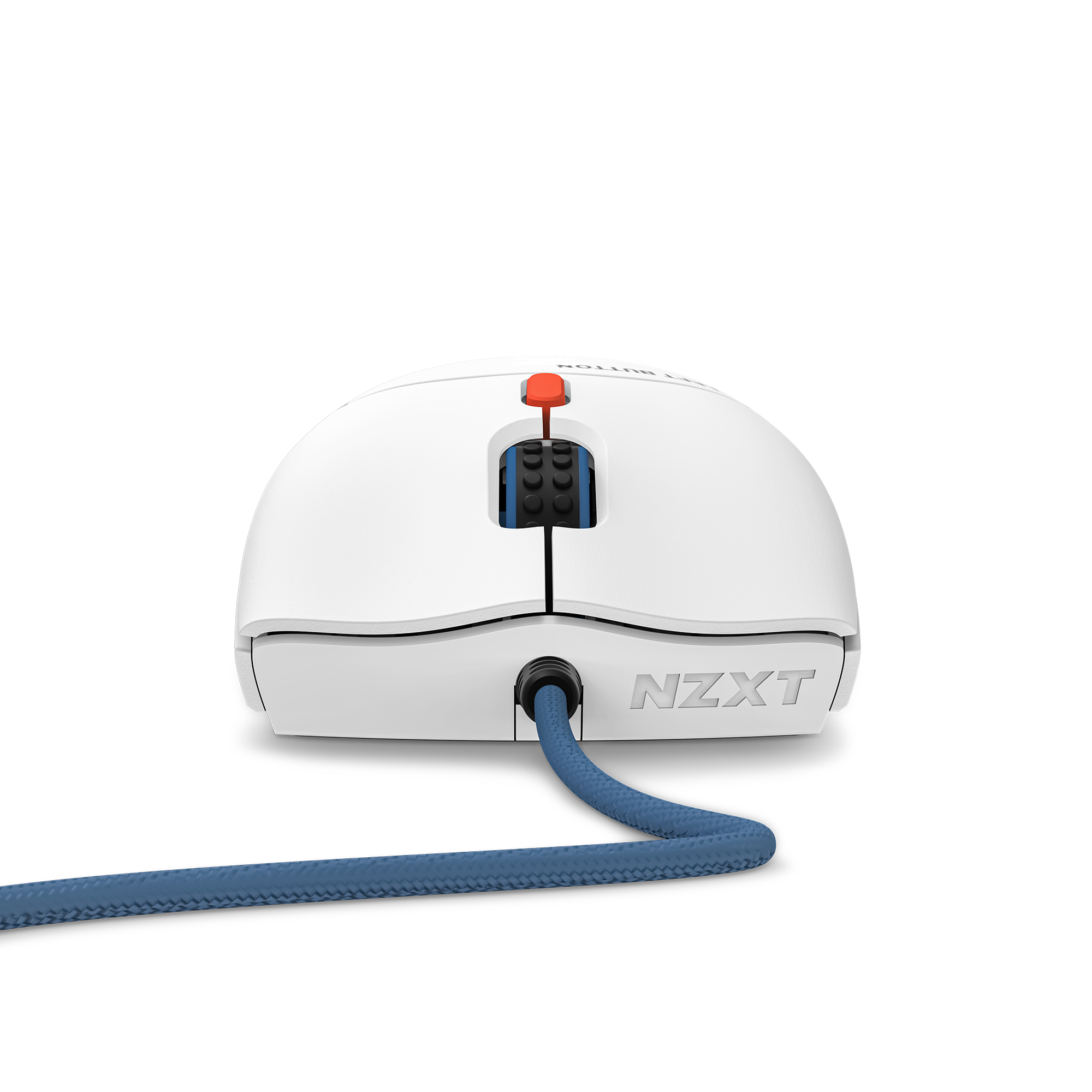 Front view of the NZXT Lift 2 Starfield gaming mouse in white, featuring optical switches, a braided blue cable, textured scroll wheel, and an orange accent behind the wheel.