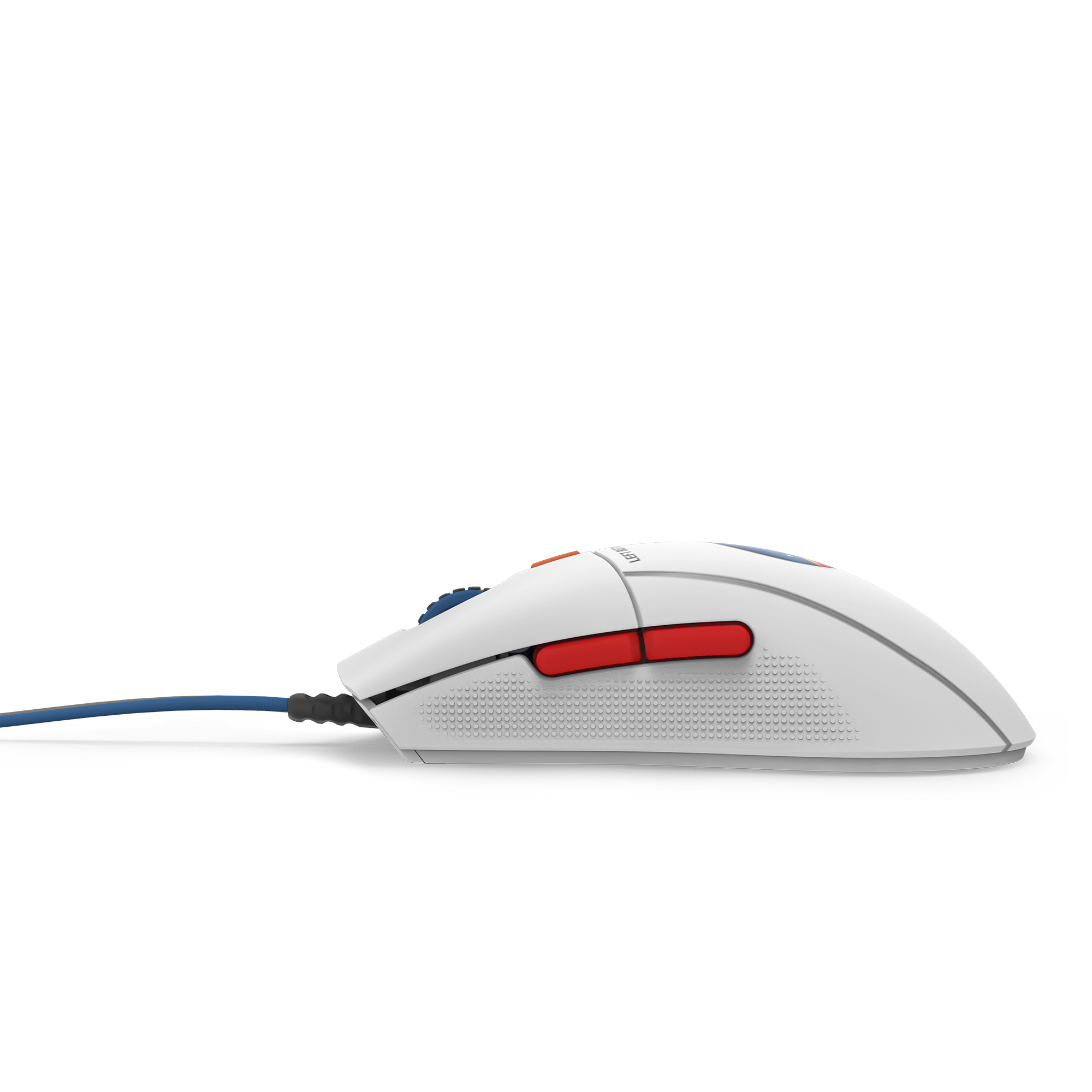 The NZXT Lift 2 Starfield is a white wired computer mouse with two red side buttons, optical switches, and a blue cable, shown from a side profile on a white background.