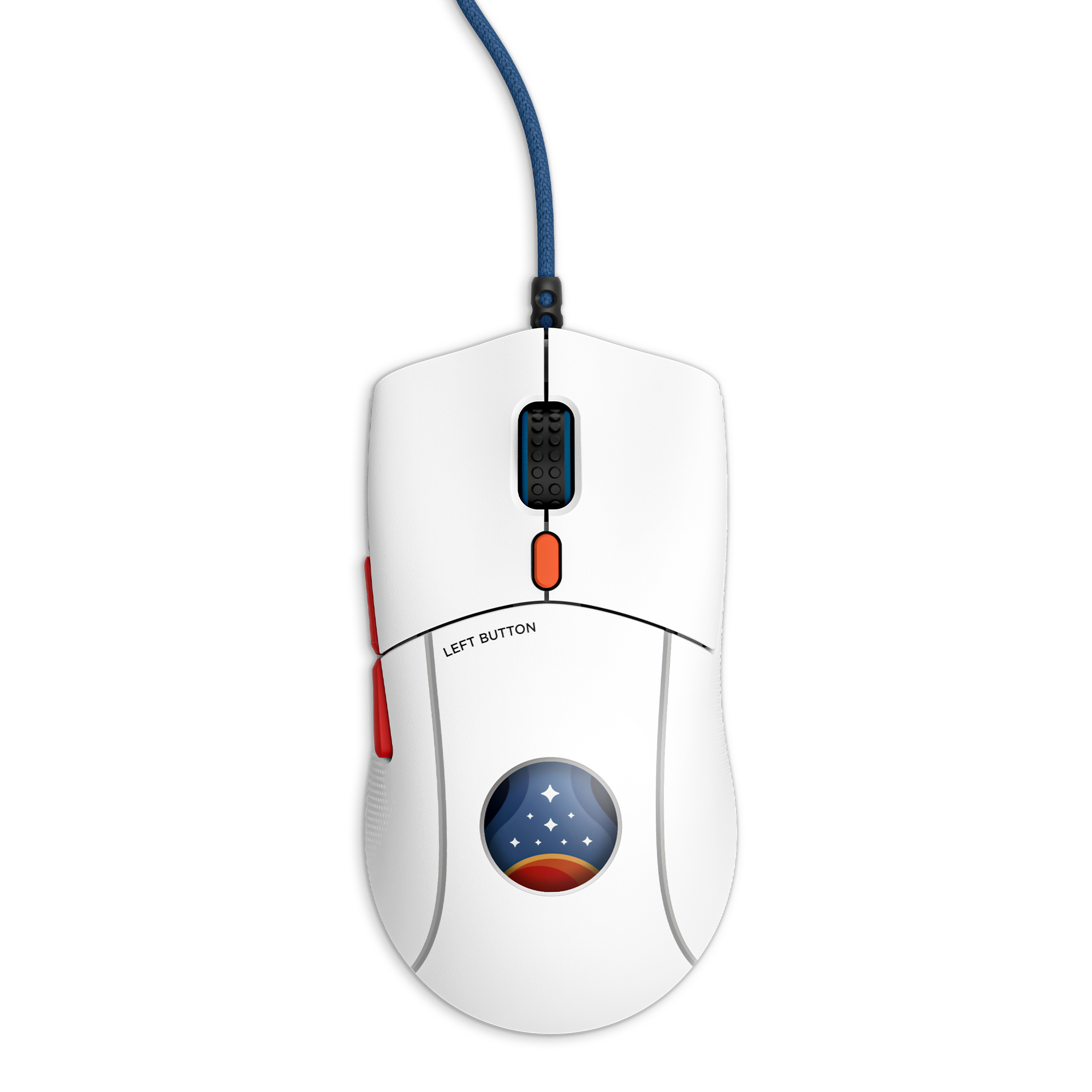 The NZXT Lift 2 Starfield is a limited edition white wired mouse with optical switches, scroll wheel, red side buttons, and a ball featuring a starry night sky. LEFT BUTTON is labeled on the left side of the mouse.