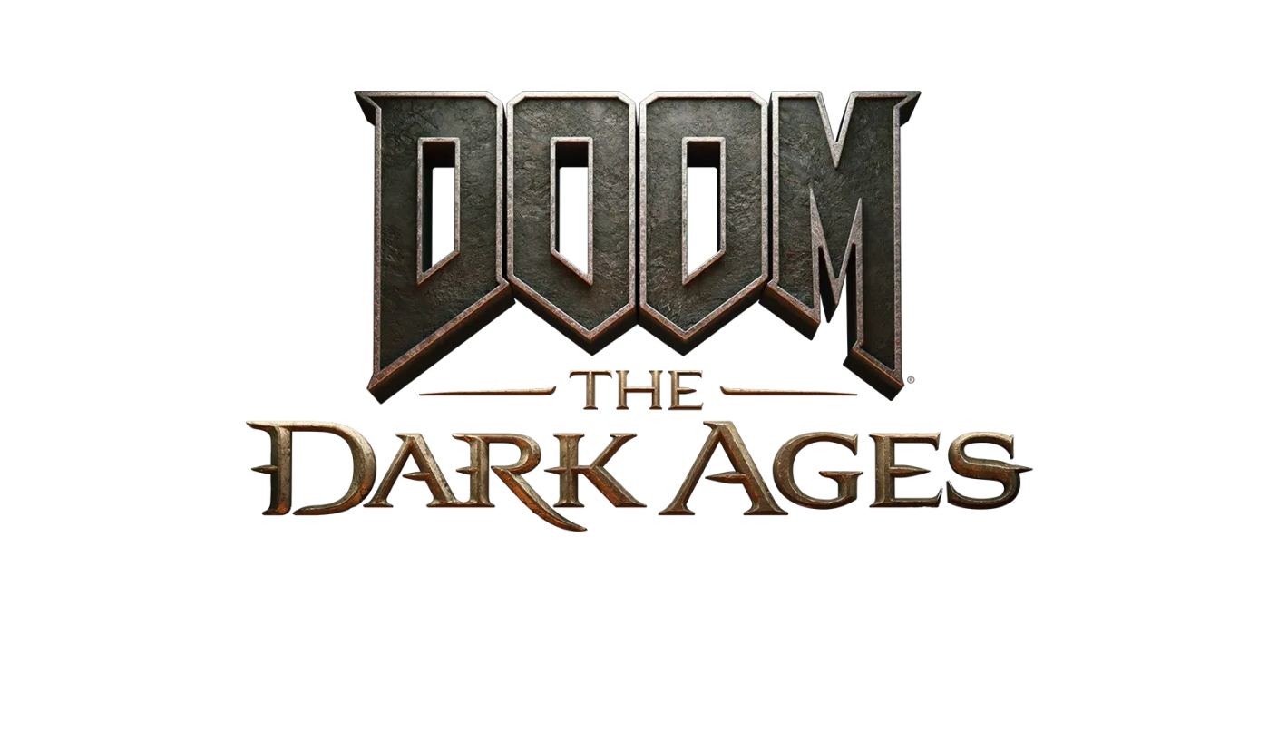 Logo for DOOM: The Dark Ages with bold metallic letters on a black background. DOOM appears at the top in large, gray text, with THE DARK AGES below in gold, medieval-style lettering.