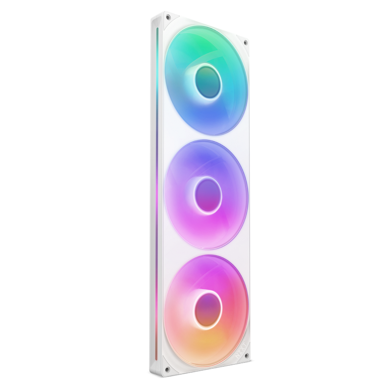The NZXT F420 RGB Core is a vertical white fan unit featuring three large circular RGB fans, each glowing in blue, green, and pink through a transparent frame for superior cooling and vivid lighting effects.