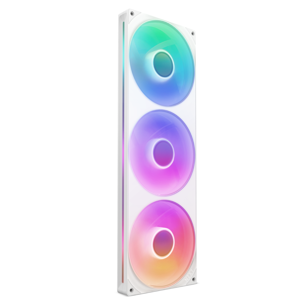 The NZXT F420 RGB Core is a vertical white fan unit featuring three large circular RGB fans, each glowing in blue, green, and pink through a transparent frame for superior cooling and vivid lighting effects.